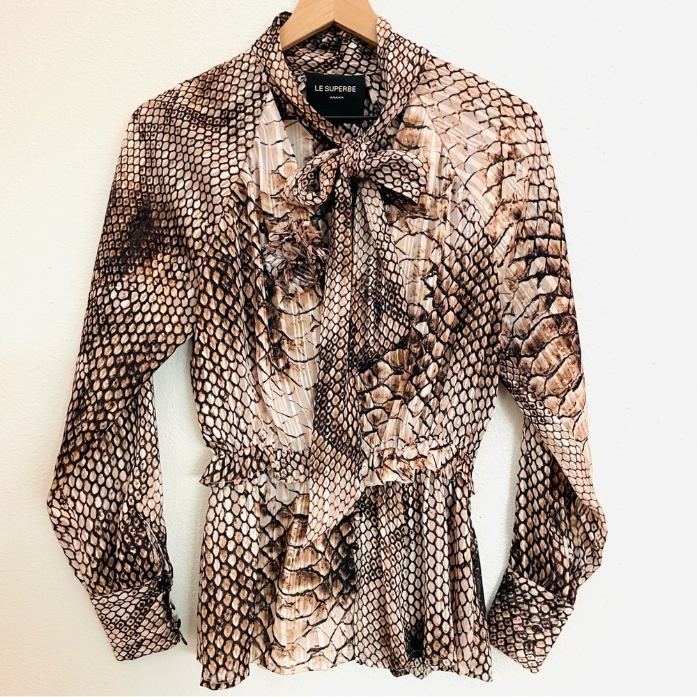 LE SUPERBE Sheer Snake Print Tie Neck Peplum Blouse with Floret Applique Size 2
